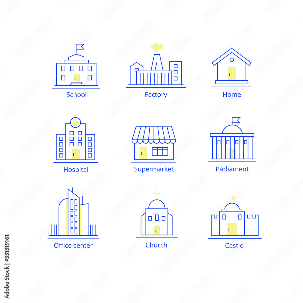 Сommercial buildings icons set - vector symbols in linear style.
