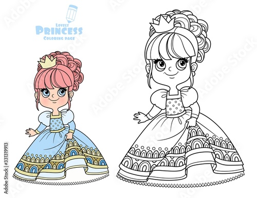 Cute princess in blue dress outlined and color for coloring book