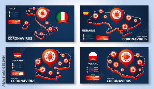 Set of Coronavirus banner outbreak from Wuhan, China. Watch out for Novel Coronavirus outbreaks in Italy, Ukraine, Germany, Poland. Spread of the novel coronavirus Background.