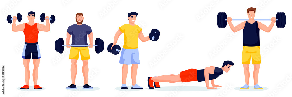 Male athletes in different poses on white background. Gym characters with barbells and dumbbells. Vector illustration Male athletes in different poses on white background. Gym characters with barbells and dumbbells. Vector illustration