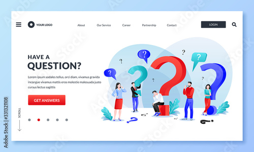 Frequently asked questions, FAQ, answers and problem solutions concept. People with question marks. Vector illustration