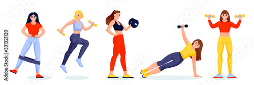 Female athletes in gym in different poses. Girls characters with fitness band and dumbbells. Vector illustration