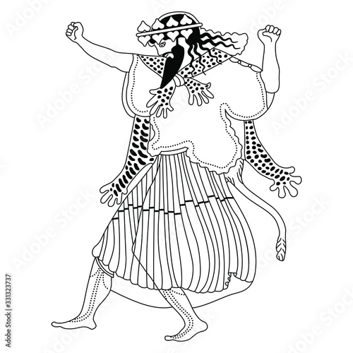 Dancing ancient Greek god of wine Dionysus. Black and white linear silhouette.