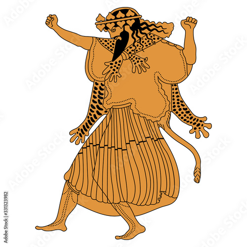 Dancing ancient Greek god of wine Dionysus. Vase painting style. Isolated vector illustration.