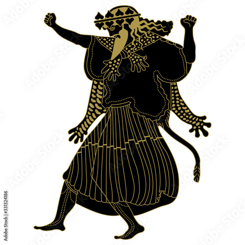 Dancing ancient Greek go of wine Dionysus. Monochrome black and gold silhouette. isolated vector illustration.
