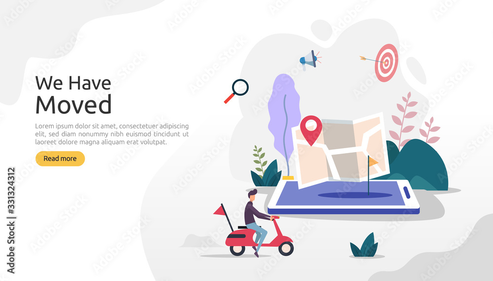 Obraz premium new location announcement business or change office address concept. we have moved vector illustration for landing page template, mobile app, poster, banner, flyer, ui, web, and background