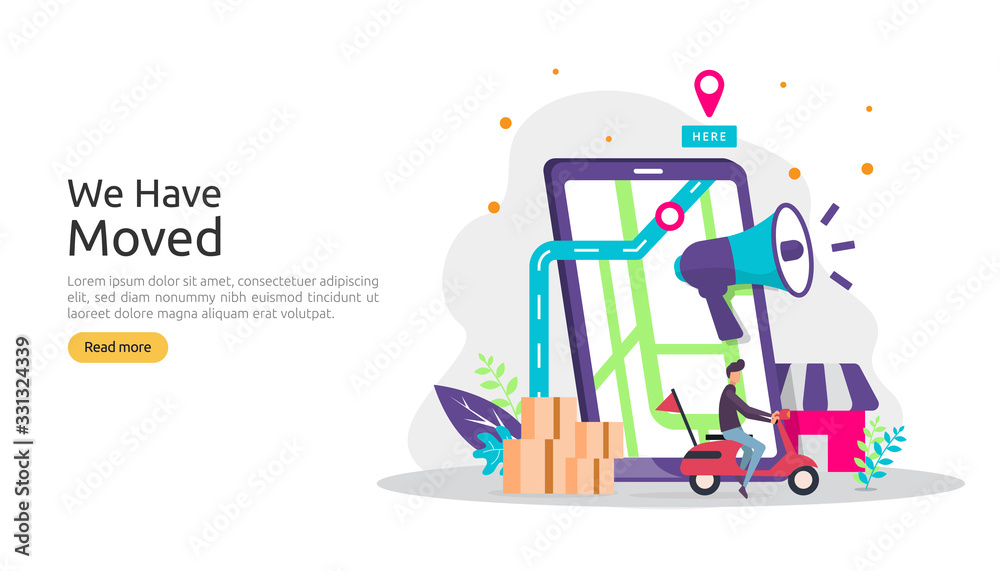 new location announcement business or change office address concept. we have moved vector illustration for landing page template, mobile app, poster, banner, flyer, ui, web, and background new location announcement business or change office address concept. we have moved vector illustration for landing page template, mobile app, poster, banner, flyer, ui, web, and background