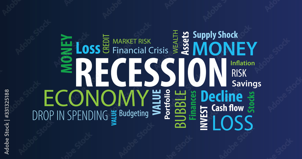 Obraz premium Recession Word Cloud on a Blue Background