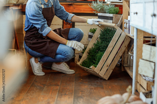 Female supporting a wooden box with seedlings