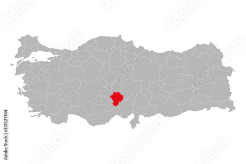 Nigde province highlighted on turkey map vector. Gray background.