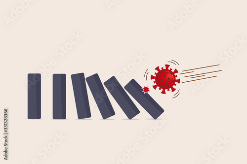 Coronavirus COVID-19 crisis impact financial and world economy create domino effect on financial crisis and economic recession concept, COVID-19 virus pathogen impact domino create fall domino effect.