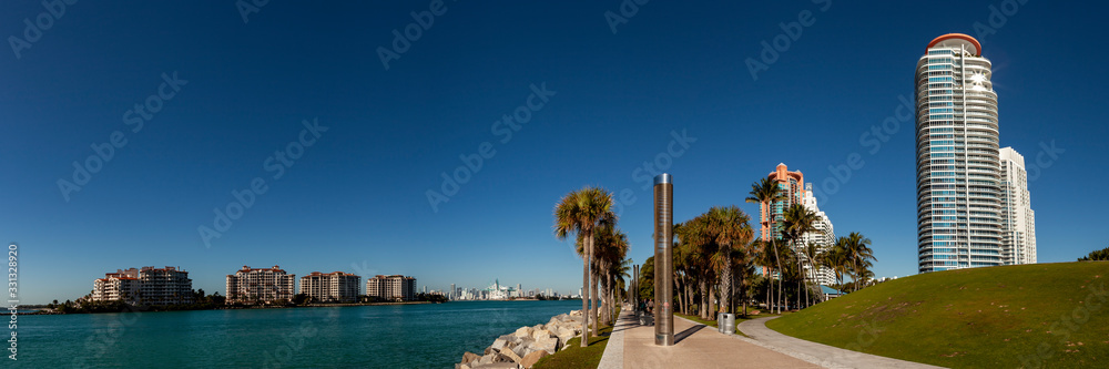 South Pointe Park and Fisher Island, Miami in a sunny Morning.