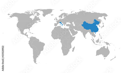 China, italy countries highlighted on world political map. Light gray background. Perfect for backgrounds, business concepts, backdrop, banner, label, sticker, chart, and wallpapers.