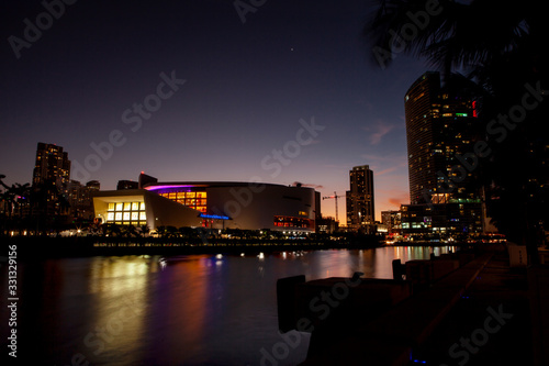 Miami Downtown Skyline and American airlines arena at a beautiful sunset.