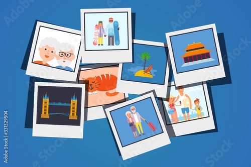 Memory of elderly couple about life, travel, tropical country, snowboard, cat vector illustration. Trip around Europe, Asia. Mood board with photography, nostalgia time. Flat style.