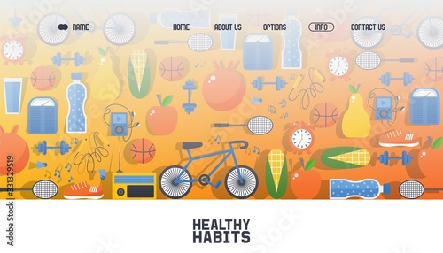 Banner for web healthy habit, outdoor sport poster, cycling, sport game vector illustration. Contact us, about us, home, options button. Web site design template, health business company.