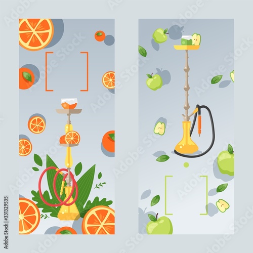 Orange and apple hookah, tasty hooka concept and vector illustration. Banner, postrer, greeting card for website. Smoking mixture relaxation and hooka recreation for sleep. Flat style.