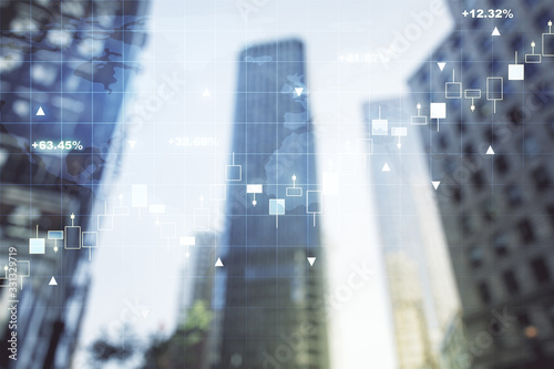 Double exposure of abstract financial graph with world map on office buildings background, financial and trading concept