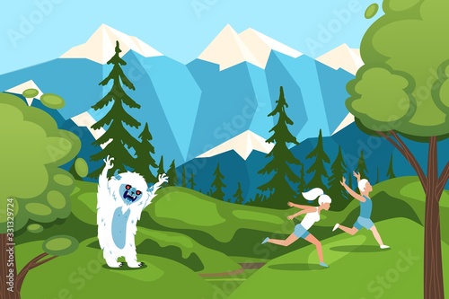 Character man, woman running away from bigfoot in forest on mountain background design vector illustration. Flat yeti monster from forest attack, scared people, outdoor travel, hike trip.