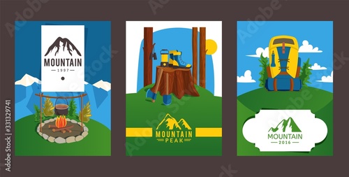 Mountain peak flyer, banner for hike business flat vector illustration. Design poster, patch clothing with campfire, mountain boot, outdoor travel backpack. Tourism, trip in mountain.