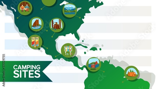 Camping sites design icon on green map, people rest and travel, outdoor night party, traveler character, bonfire and barbecue, wildlife trip, travel tent flat vector illustration.