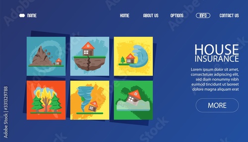 Banner for web cataclysm, bad weather, hurricane wind, flood, thunderstorm and torrential rain vector illustration. Contact us, about us, home, option button. Web site design template, disaster.