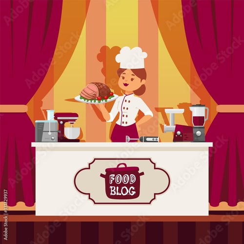 Professional chef prepare food in kitchen, online blog and social network flat vector illustration. Design character gourmet woman operating profession, culinary employment of female character.