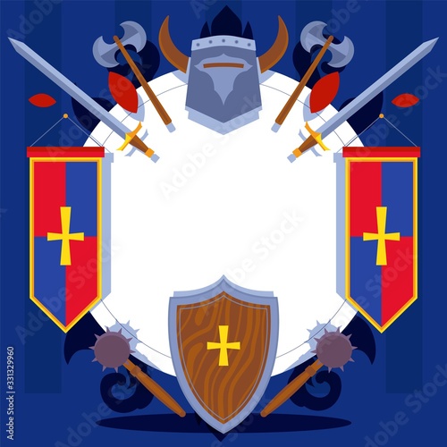 Knight pattern for greeting card, website banner. Medieval helmet, sword, shield, mace, weaponry vector illustration. Flat chivalric poster horseman equipment, weapon gear.
