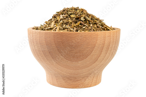 celandine or in latin Chelidonii harba in wooden bowl isolated on white background. medicinal healing herbs. herbal medicine. alternative medicine