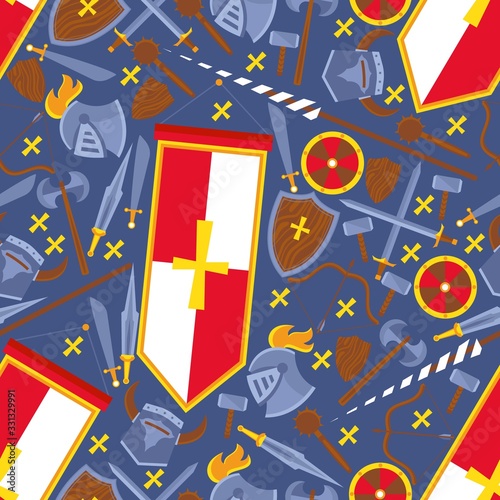 Seamless pattern flat chivalric equipment banner. Knight set of helmet  shield  sword  knife vector illustration. Wrapping paper  website banner  packaging for medieval item  stuff.