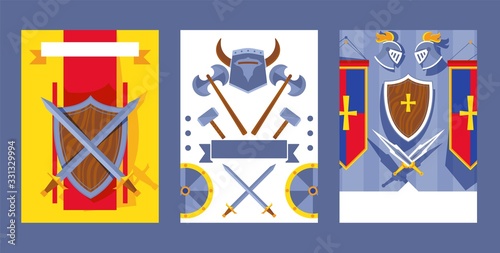 Business card, gift card in knight design, flat chivalric sword, wood shield, axe, helmet vector illustration. Website banner, poster, postcard. Place for company, firm name text.