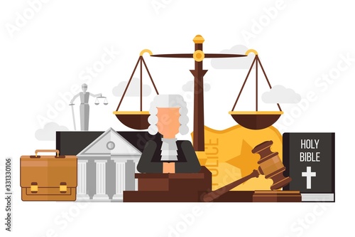 Law and justice set isolated on white, flat vector illustration. Judge, hammer, holy bible, court, case, scales, police badge icon. Judicial system, respect for right and freedom.