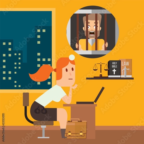 Female prosecutor is sitting table with case, holy bible, thinking about criminal case, flat vector illustration. Design criminal in prison and safety megapolis from offender people.