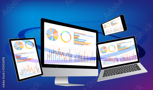 ノートパソコンとスマホとデジタルネットワーク・グラフ資料-3D立体青色背景