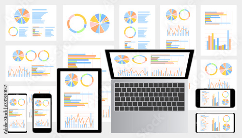 グラフ資料をモニターに表示したデスクトップ・ノートパソコン・スマホ・タブレットセットグレー背景