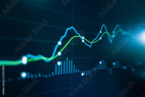 Stock market trading graph and candlestick chart on screen monitor for financial investment and economic concept.