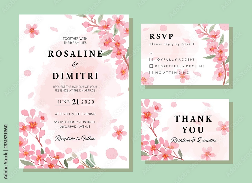 Cherry Blossom Vector Watercolor Wedding Invitation Card Template