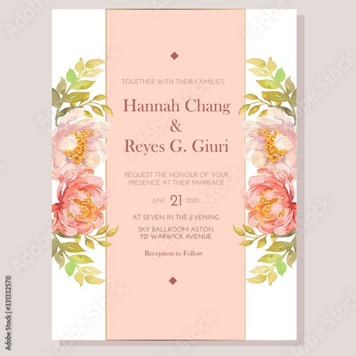 Peach Peonies Vector Watercolor Wedding Invitation Card Template