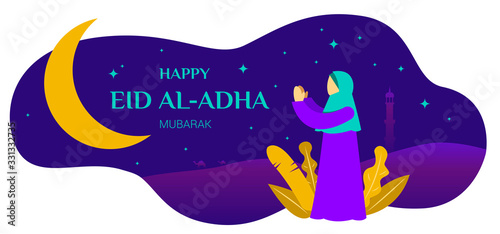 Happy Eid woman praying flat illustration
