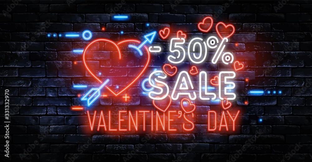 Valentine's Day Sale. Neon frame. Logo, emblem, label. Bright signboard, light banner. Celebration. Love. Neon Heart. Vector images