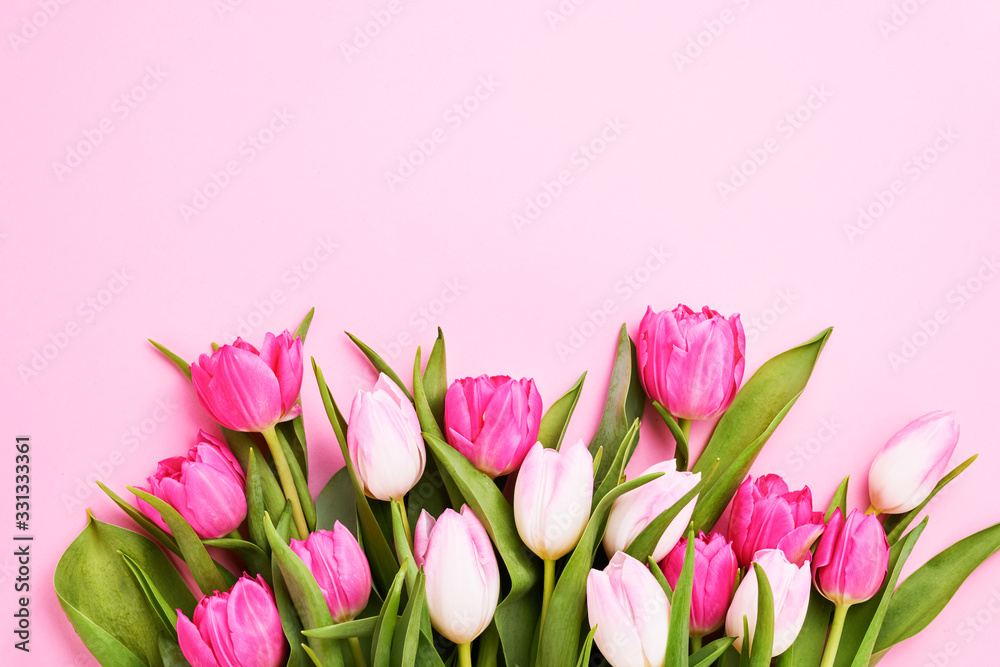 Bouquet of pink tulips on pink background. Beautiful greeting card. Holidays concept. Copy space, top view Bouquet of pink tulips on pink background. Beautiful greeting card. Holidays concept. Copy space, top view