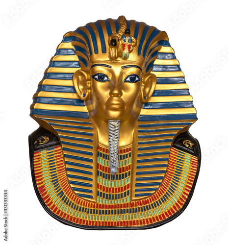 Antique Egyptian gold pharaoh Tutankhamen mask souvenir for interior isolated, Concept statues of King Pharaoh Egyptian gold mask culture symbol decoration