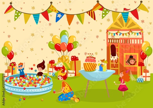 Children birthday party  kids playground  vector illustration. Boys and girls having fun at birthday party  present boxes balloons  cake with candles. Friendly clown plays with happy children  people