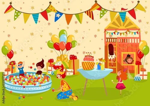 Children birthday party, kids playground, vector illustration. Boys and girls having fun at birthday party, present boxes balloons, cake with candles. Friendly clown plays with happy children, people