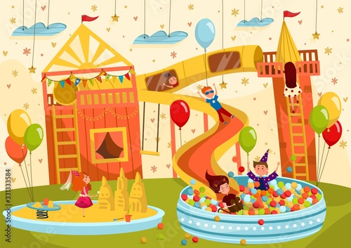 Happy children having fun together in playroom, vector illustration. Cute boys and girls cartoon characters, happy kids playing indoors, slide and sandbox playground. Children in costumes, kids party