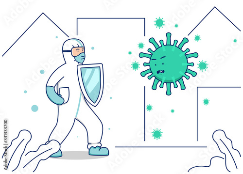 Vector illustration fight corona virus covid, doctor fight back virus bacteria with shield protect and save the city