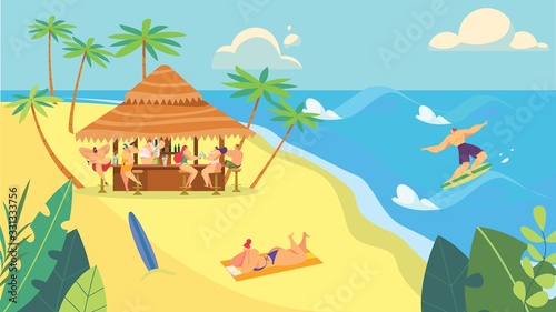 People at beach bar, summer vacation at seaside, vector illustration. Men and women cartoon characters enjoying sunny day at ocean beach, suntanning and surfing. Active summer leisure, exotic vacation