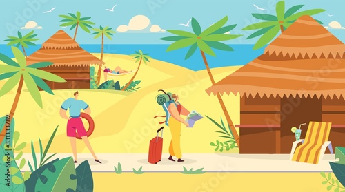 Tourist woman arrives to seaside resort, summer vacation trip, vector illustration. Traveler with backpack and map goes to bungalow on ocean beach. People enjoy summer leisure, exotic vacation hotel