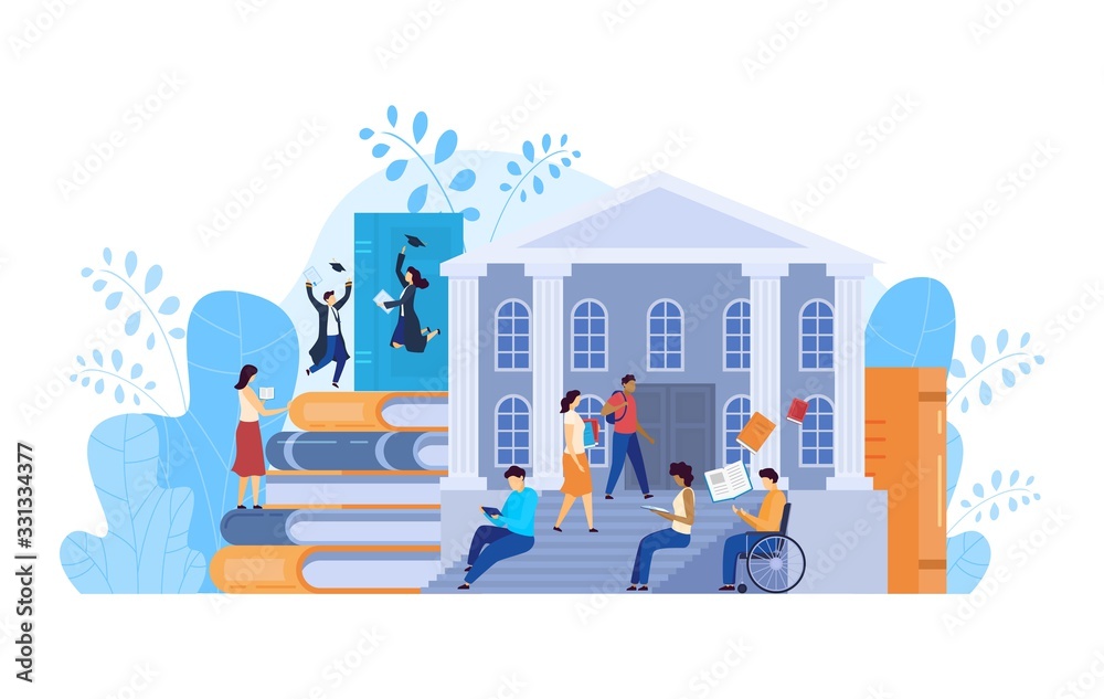 College students, university education concept, vector illustration. Young  men and women reading books, disabled guy in wheelchair, cartoon character.  Diverse people in university, college student Stock Vector | Adobe Stock