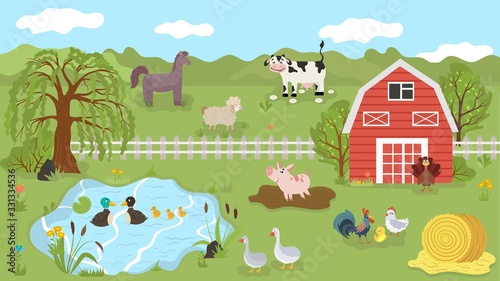 Farm animals cute cartoon characters on summer pasture  vector illustration. Farmland livestock  cow  pig  sheep and horse. Ranch poultry  chicken  turkey  geese and ducks. Farm animal grazing outdoor